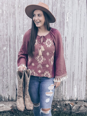 Mauve Embroidered Wide Sleeve with Tassels