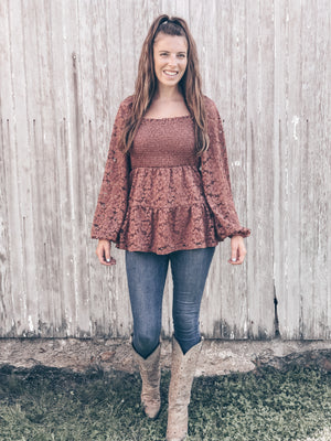 Rusty Smocked Lace Sleeve Top