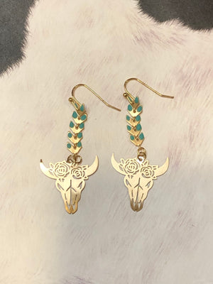 Turquoise and Gold Steer Earrings