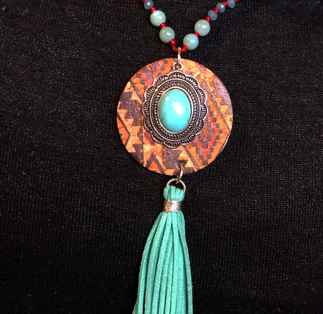 Southwestern Concho Turquoise Tassel Necklace