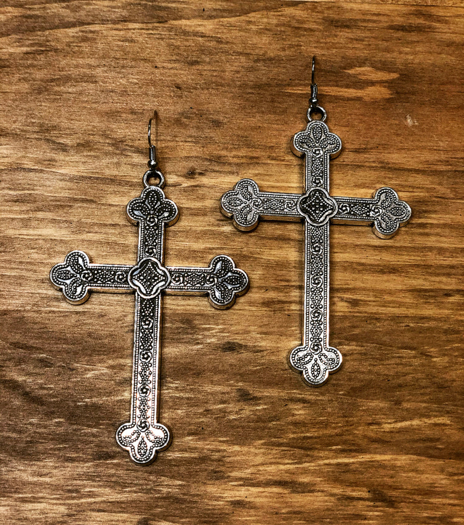 Carved Cross Earrings - Silver