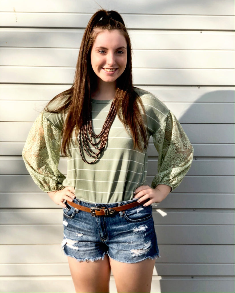 Sage Striped Lace Sleeve Top