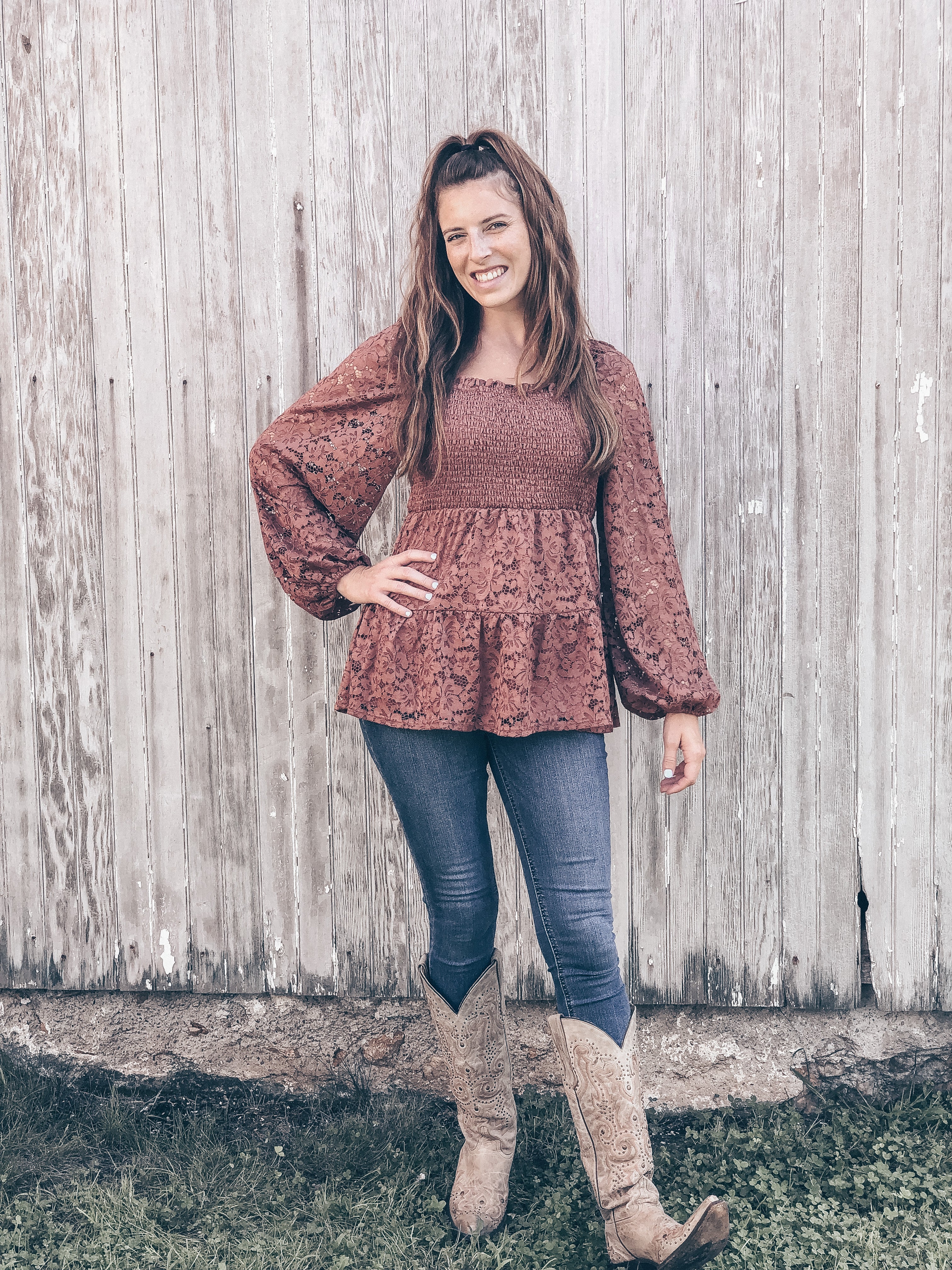 Rusty Smocked Lace Sleeve Top