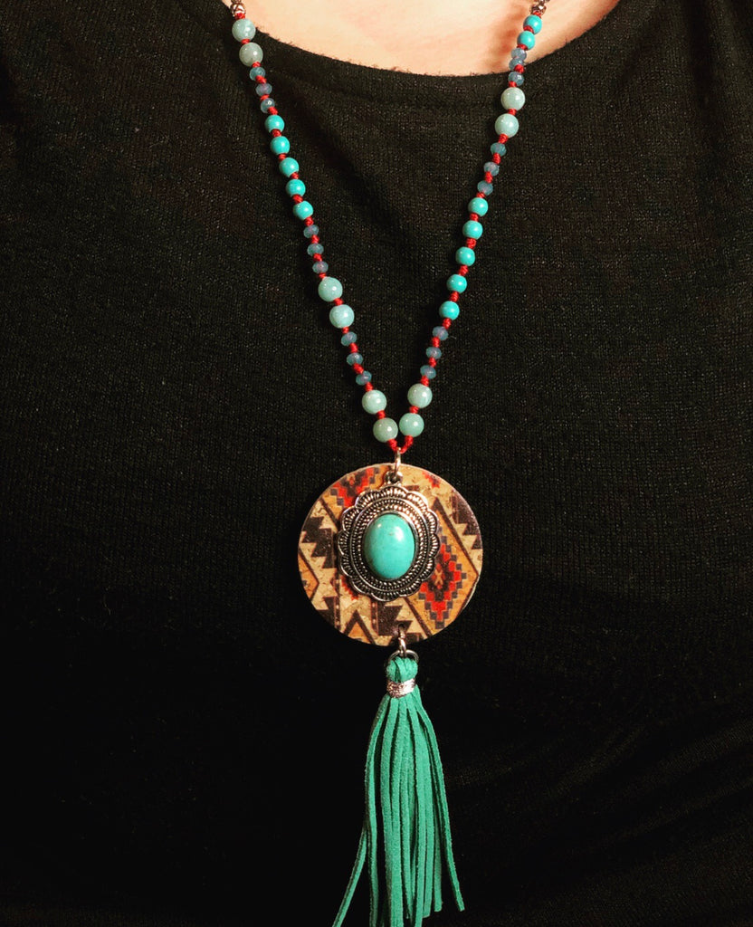 Southwestern Concho Turquoise Tassel Necklace