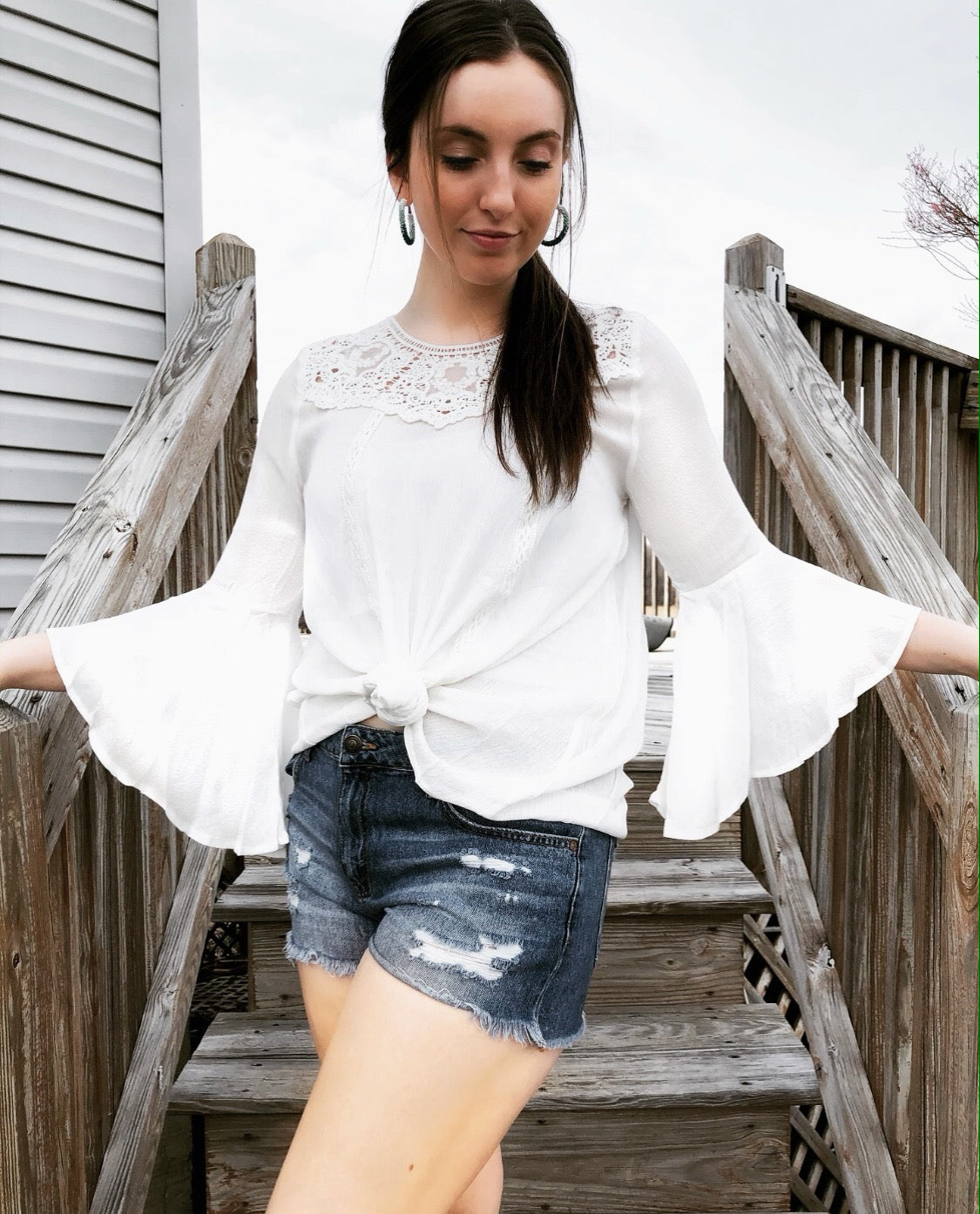 White Lace Bell Sleeve Top