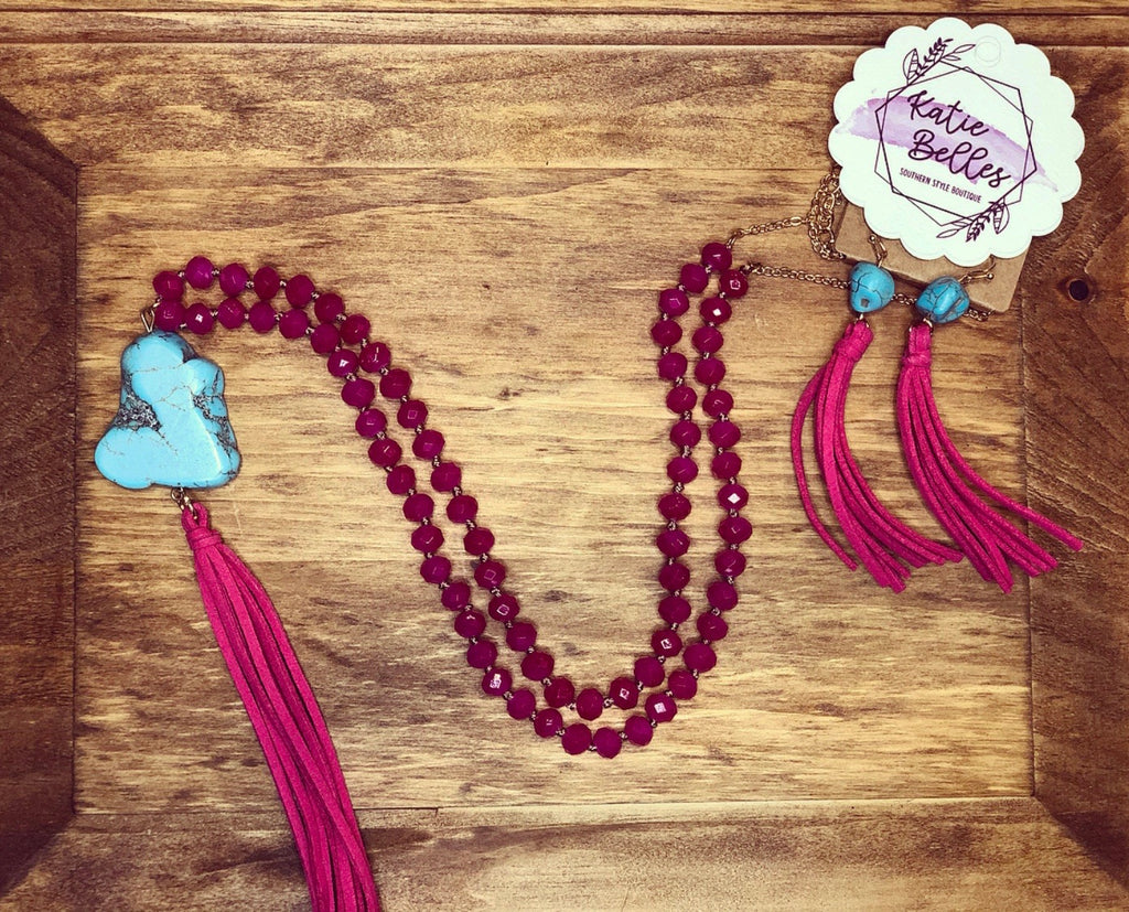 Fuchsia Bead & Turquoise Stone Set