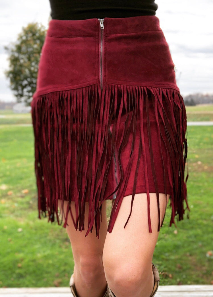 Express | Skirts | Express Suede Asymmetrical Burgundy Fringe Skirt 4 |  Poshmark
